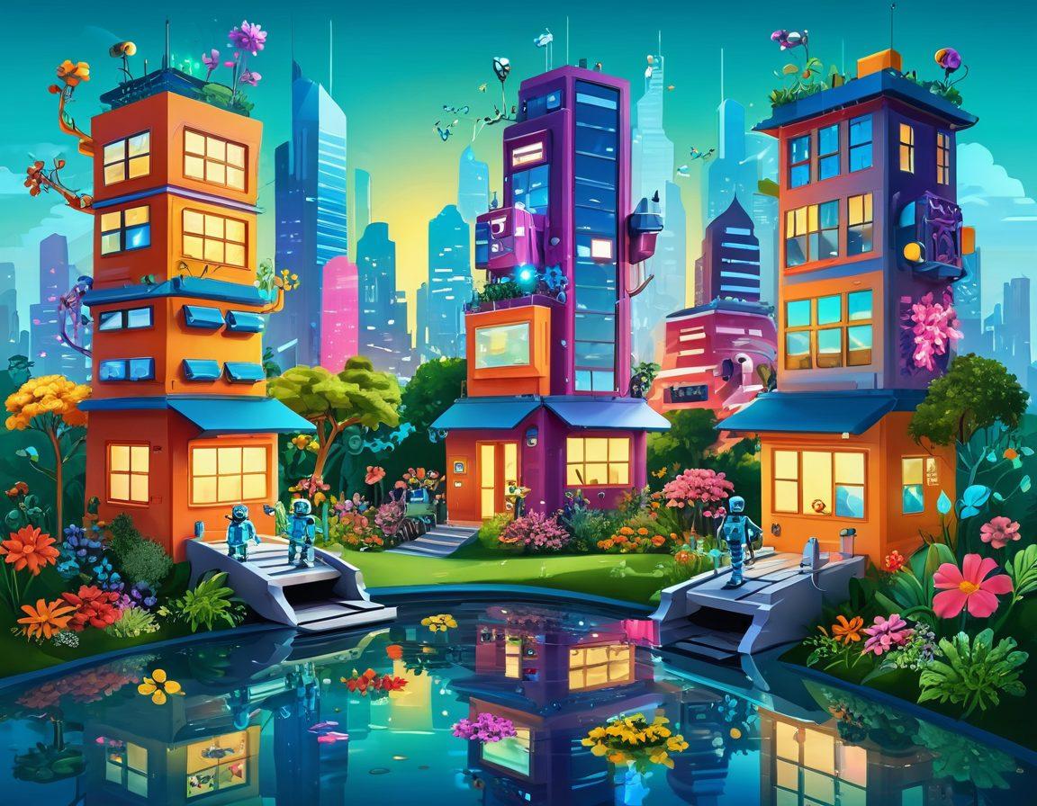 A whimsical illustration showcasing a vibrant cityscape filled with cheerful robots and families joyfully interacting with digital devices. Bright colors illuminate the scene, with floating emojis and holographic interfaces highlighting the positive impact of technology. Lush greenery and colorful flowers are intertwined with futuristic architecture, symbolizing harmony between nature and technology. The overall atmosphere exudes warmth and happiness. vector art. vibrant colors. cheerful ambiance.
