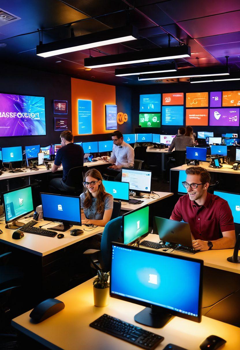 A vibrant, modern office space filled with happy IT professionals and enthusiastic geeks, surrounded by colorful tech gadgets and glowing screens. The scene captures moments of collaboration, laughter, and excitement as they explore innovative tech solutions. Brimming with energy and joy, glowing LED lights and quirky tech decor enhance the atmosphere. super-realistic. vibrant colors. dynamic composition.