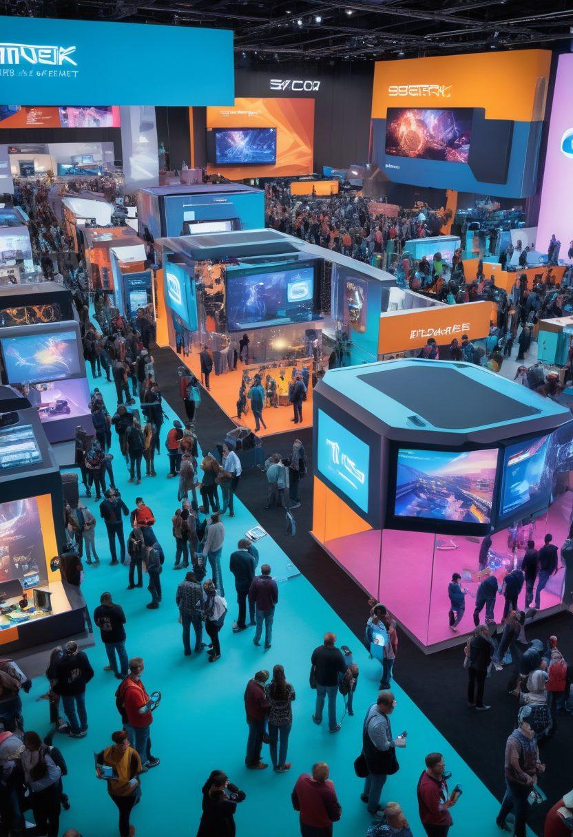 A bustling tech convention showcasing IT enthusiasts in vibrant geek attire, surrounded by futuristic gadgets and interactive displays. Include a large screen displaying exciting tech advancements, with people joyfully engaging in discussions and exploring virtual reality setups. The atmosphere should be electric and colorful, radiating enthusiasm and innovation. super-realistic. vibrant colors. 3D.
